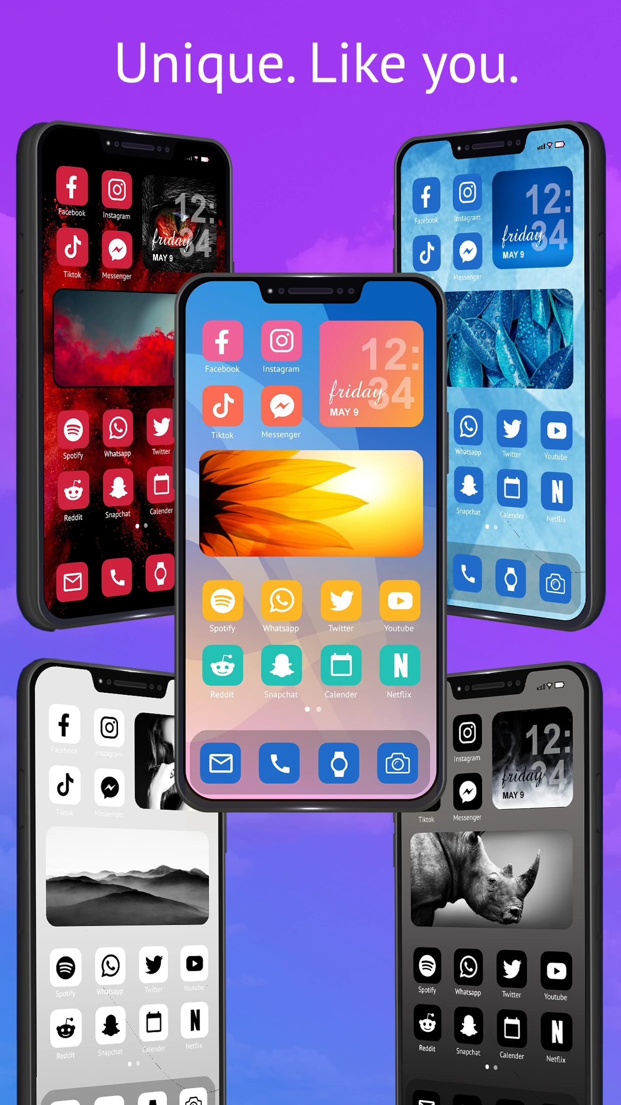 Five iPhones with themed home screens — red, blue, colorful, white and dark monochrome icon sets — under the caption “Unique. Like you.”